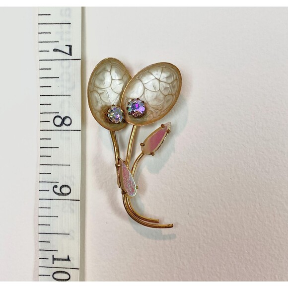 Vintage Floral Gold Tone MCM Brooch Pin Made In West Germany Aurora Borealis - Picture 3 of 7